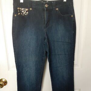 Style & Co. 10 Petite Straight Leg Blue Jeans w/Gold Embellished Back Pockets.